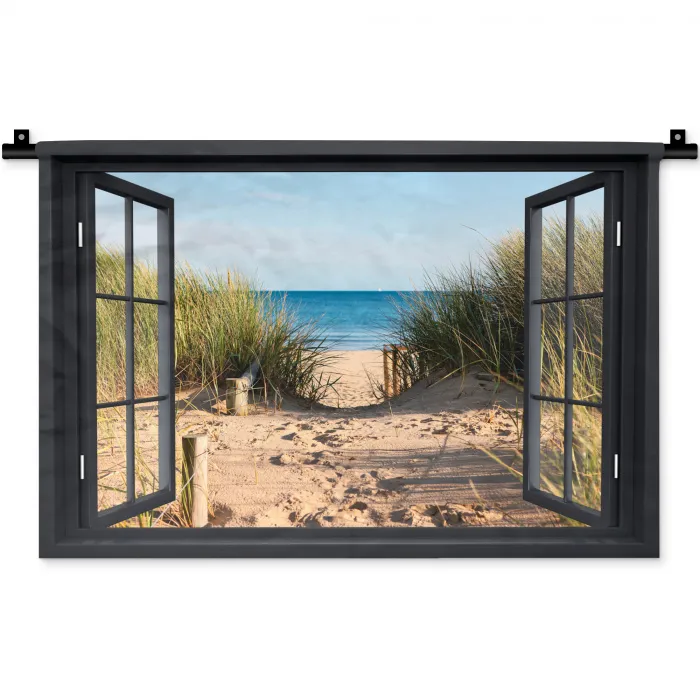 Doorkijk - Strand - Zee - Zand - Water - Helmgras - Duinen Wandkleed katoen klein -zz3d