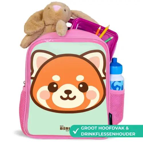 Kawai - Rode panda - Groen Kinderrugzak - Roze middel -inhoud_NL