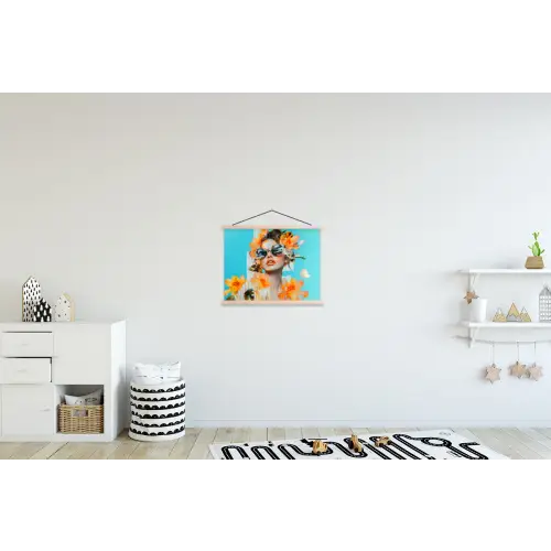 Bloemen - Vrouw - Zonnebril - Blauw textielposter latten blank klein -kinderkamer