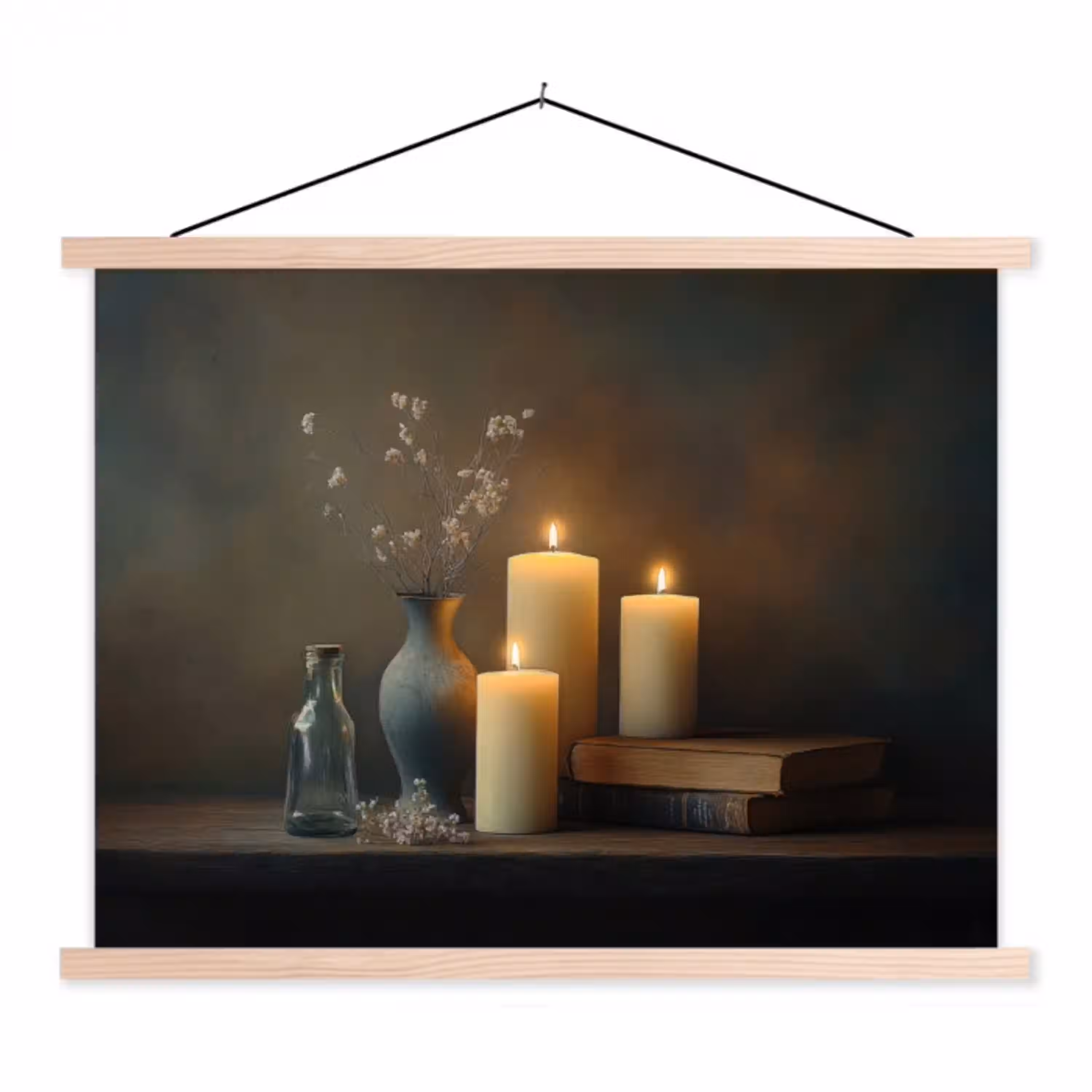 Kaarsen - Stilleven - Rustiek - Boeken textielposter latten blank klein -3d