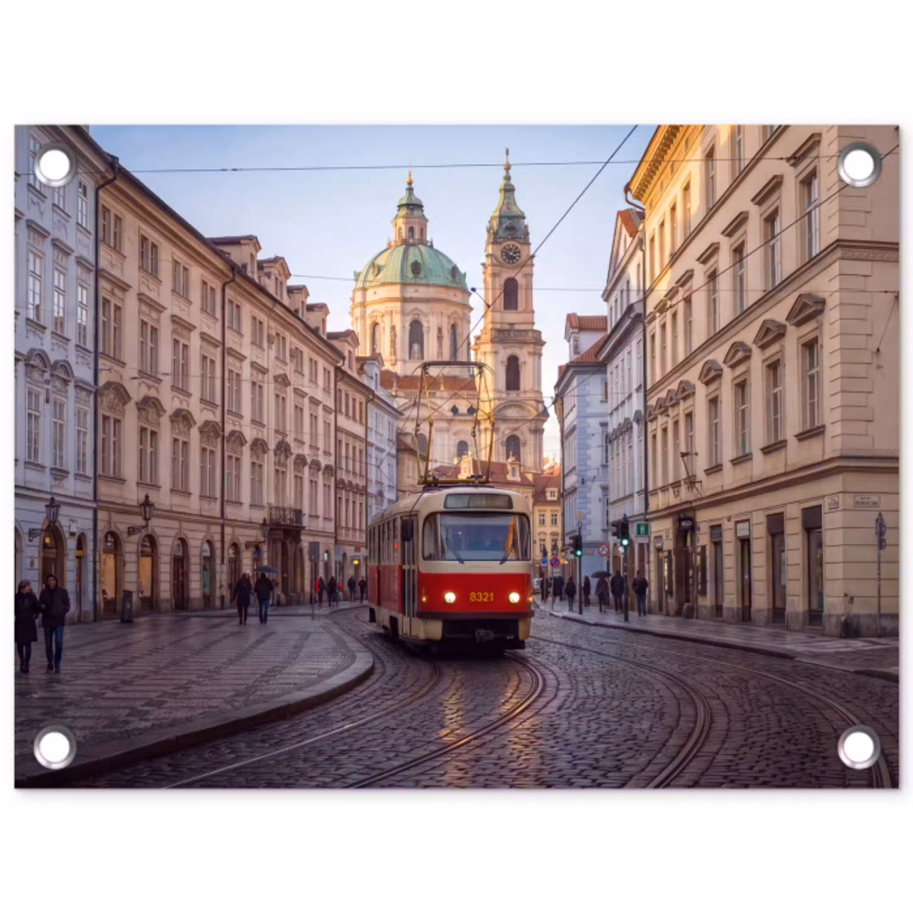Tram - Straat - Stadsgezicht - Klassiek - Rood tuinposter los doek klein -3d