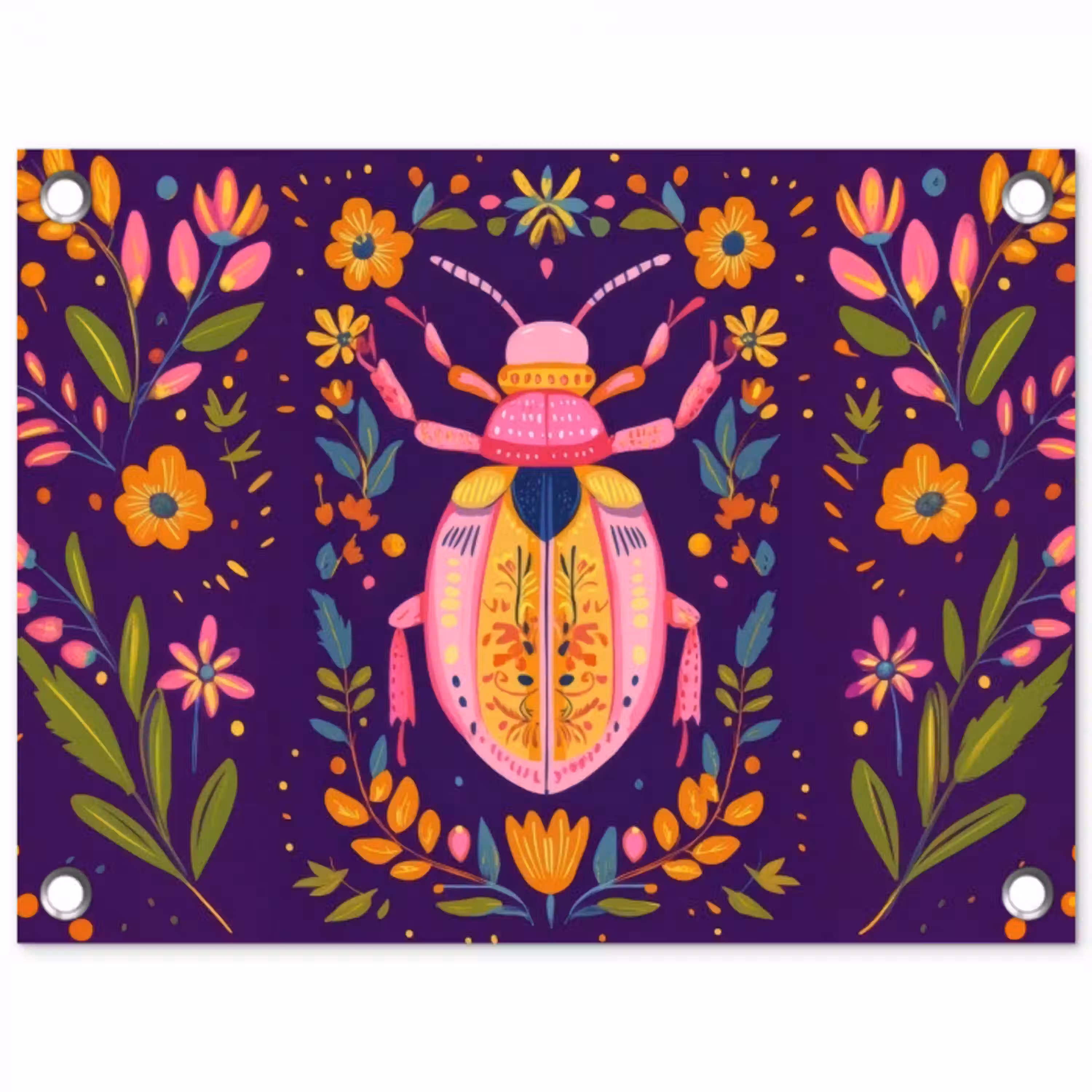 Kever - Felgekleurd - Bloemen - Bladeren tuinposter los doek klein -3d