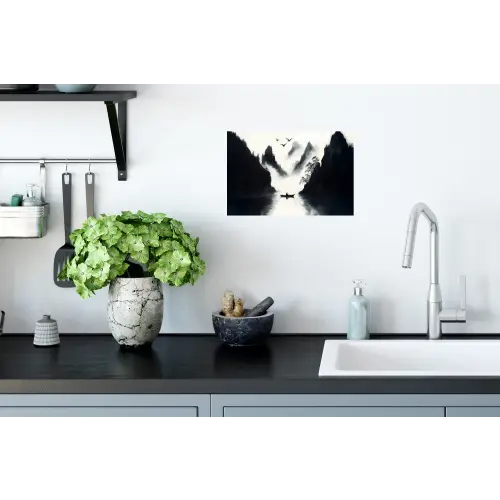 Roeiboot - Mistig - Bergen - Vogels Muursticker klein -keuken