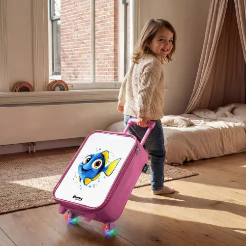 Blauwe vis met gele vinnen en vrolijke blik Kinderkoffer - Roze klein -sfeer1