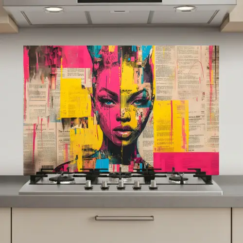 Vrouwengezicht - Krantenpapier - Abstract - Roze keuken achterwand spatscherm klein -3d_website
