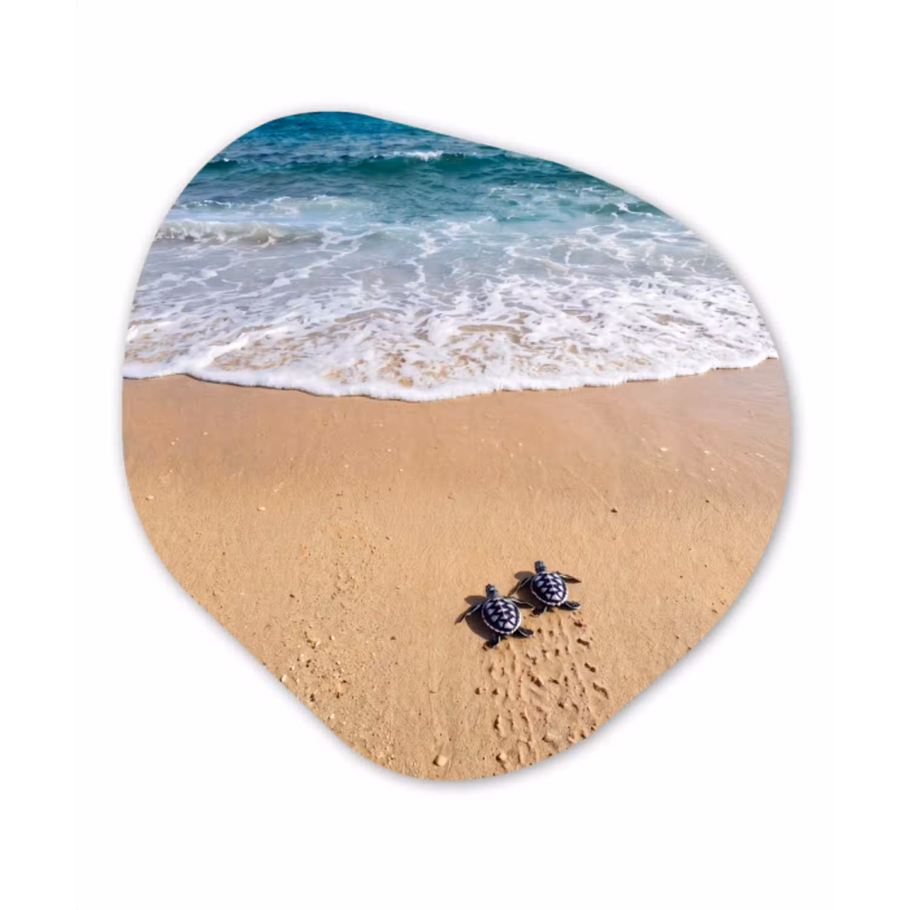 Schildpad - Jong - Strand - Oceaan - Blauw Wandcirkel Organisch Aluminium middel -3d