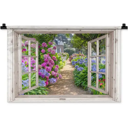 Hortensia - Doorkijk - Bloemen - Zomer - Paars - Pad Wandkleed katoen klein -zz3d