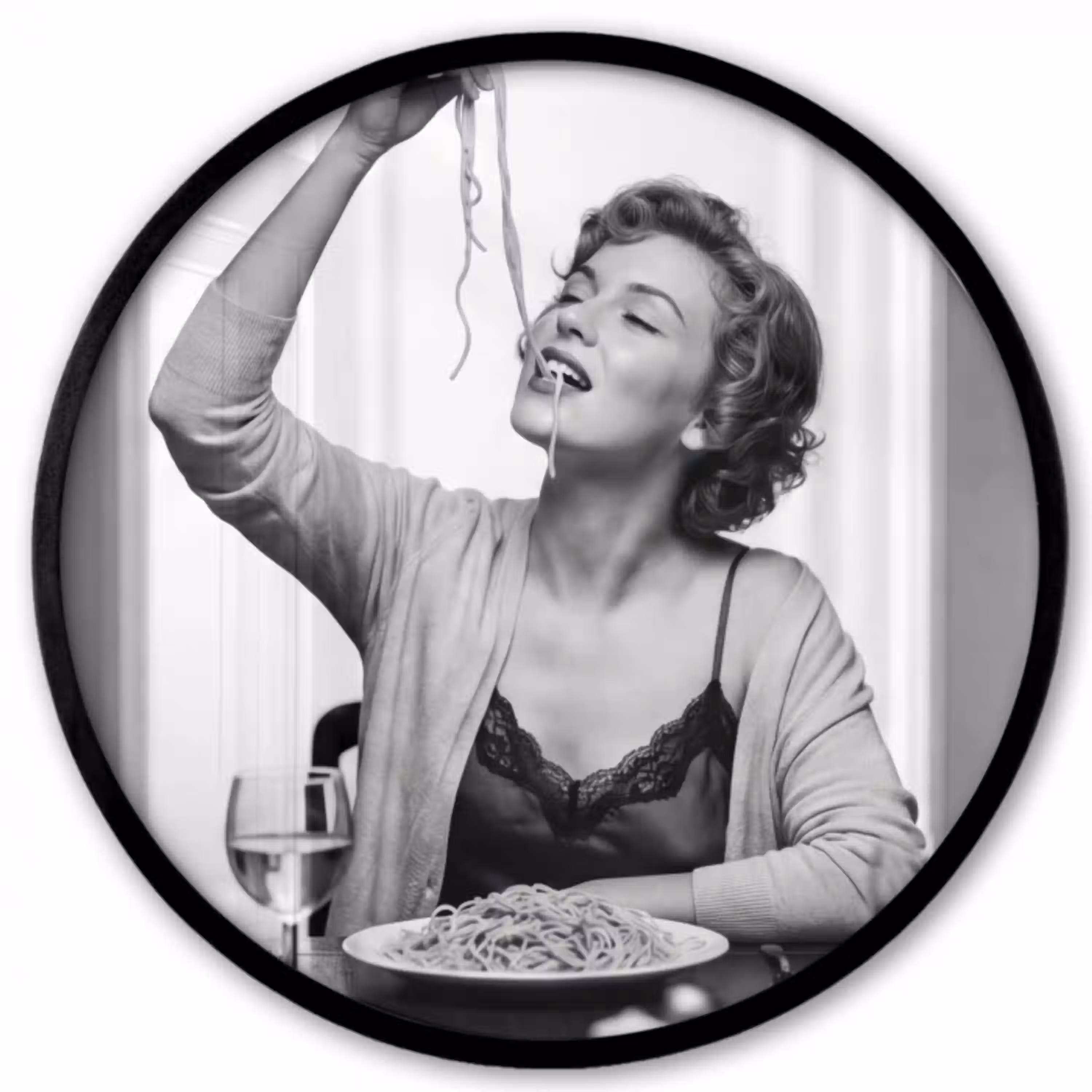 Vrouw - Spaghetti - Zwart - Wit Fotolijst rond zonder passe partout klein -3d