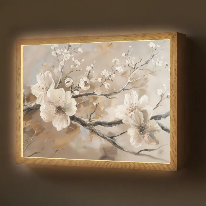 Bloemen - Natuur - Wit - Bloesem - Abstract Light Box met batterij (Wandlamp) middel -z3d_website
