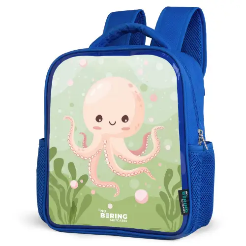 Roze octopus met een lach Kinderrugzak - Blauw middel -schuin