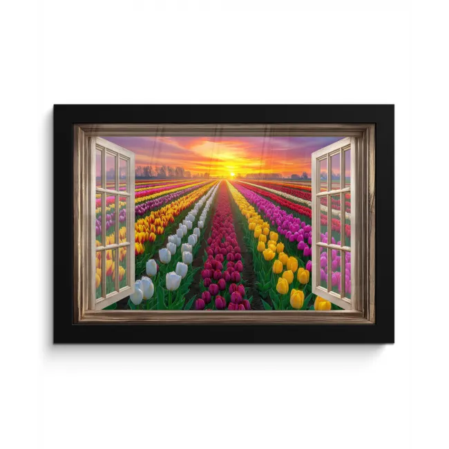 Doorkijk - Bloemen - Tulpen - Kleurrijk - Zonsondergang fotolijst zwart zonder passe partout klein -3d