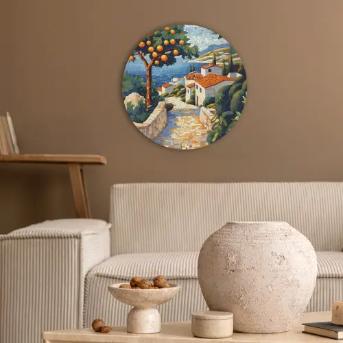 Huizen - Mozaïek - Sinaasappelbomen - Zee Akoestische PET Vilt - Rond klein -sfeer1