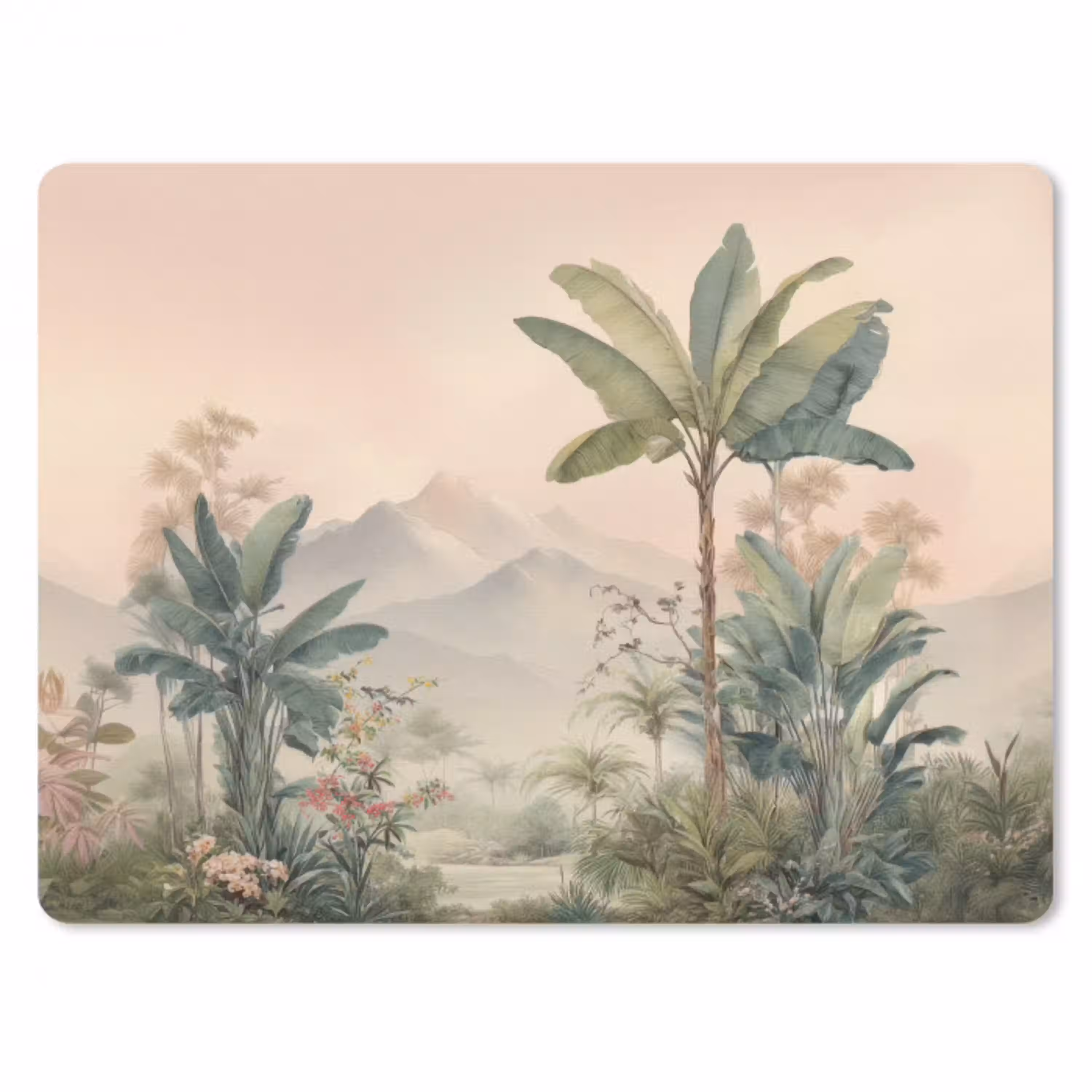 Tropisch landschap - palmbomen - Bloemen - Roze lucht muismat rubber klein -3d