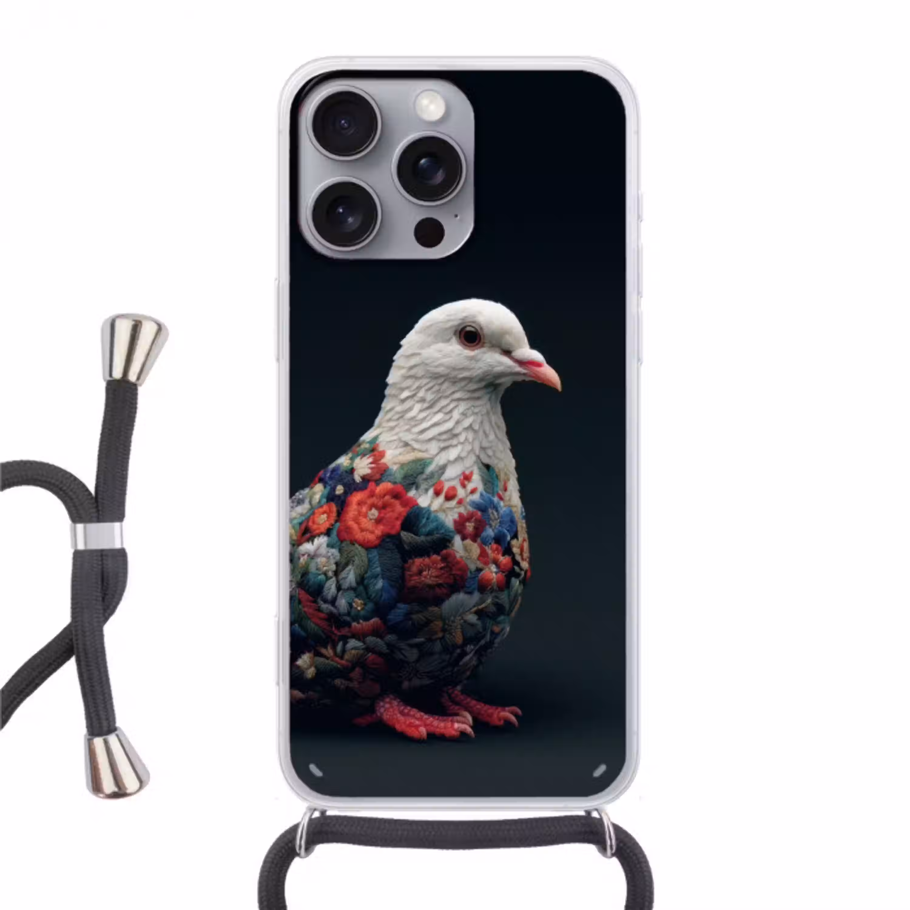 Duif - Bloemen - Wit - Zwart Hoesje iPhone 16 Pro Max met koord klein -3d