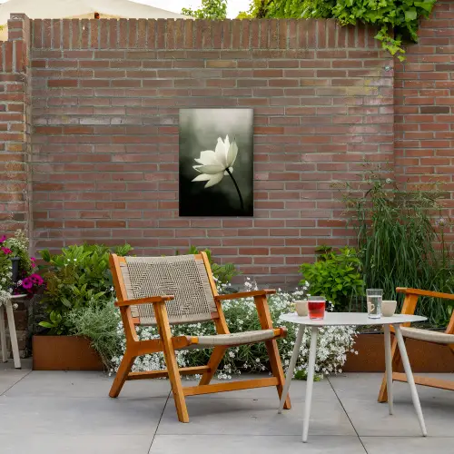 Wit - Lotus - Donker - Bloem Tuinposter op houten frame 2 cm dik klein -sfeer3