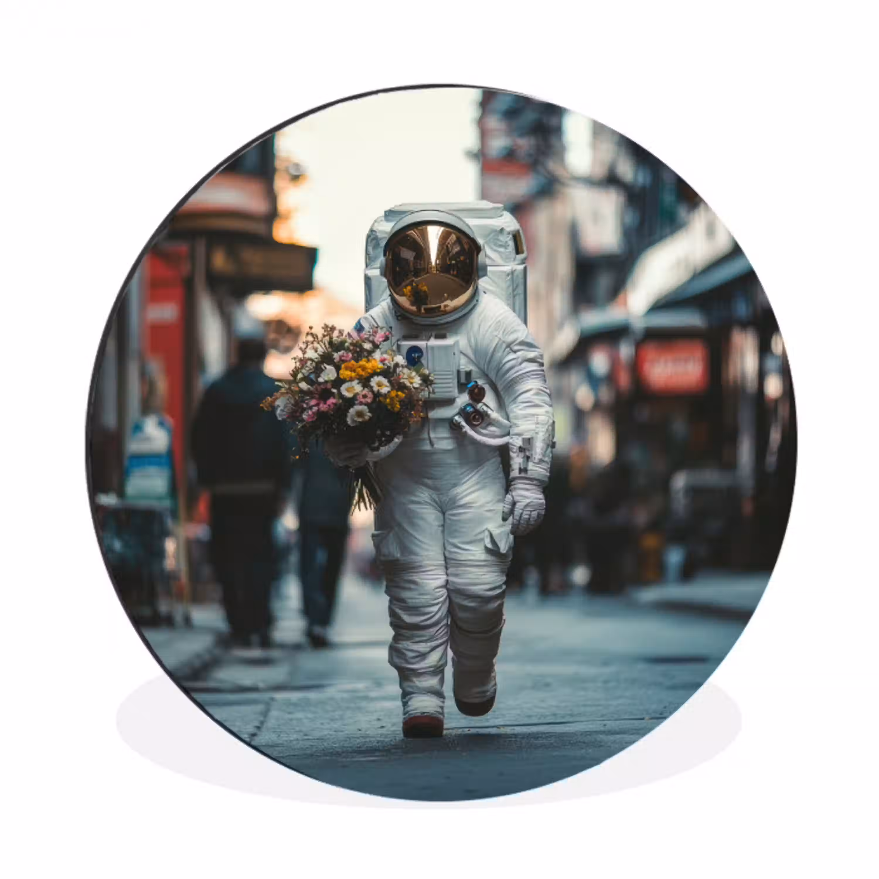 Boeket - Bloemen - Kleurrijk - Astronaut Wandcirkel aluminium klein -3d