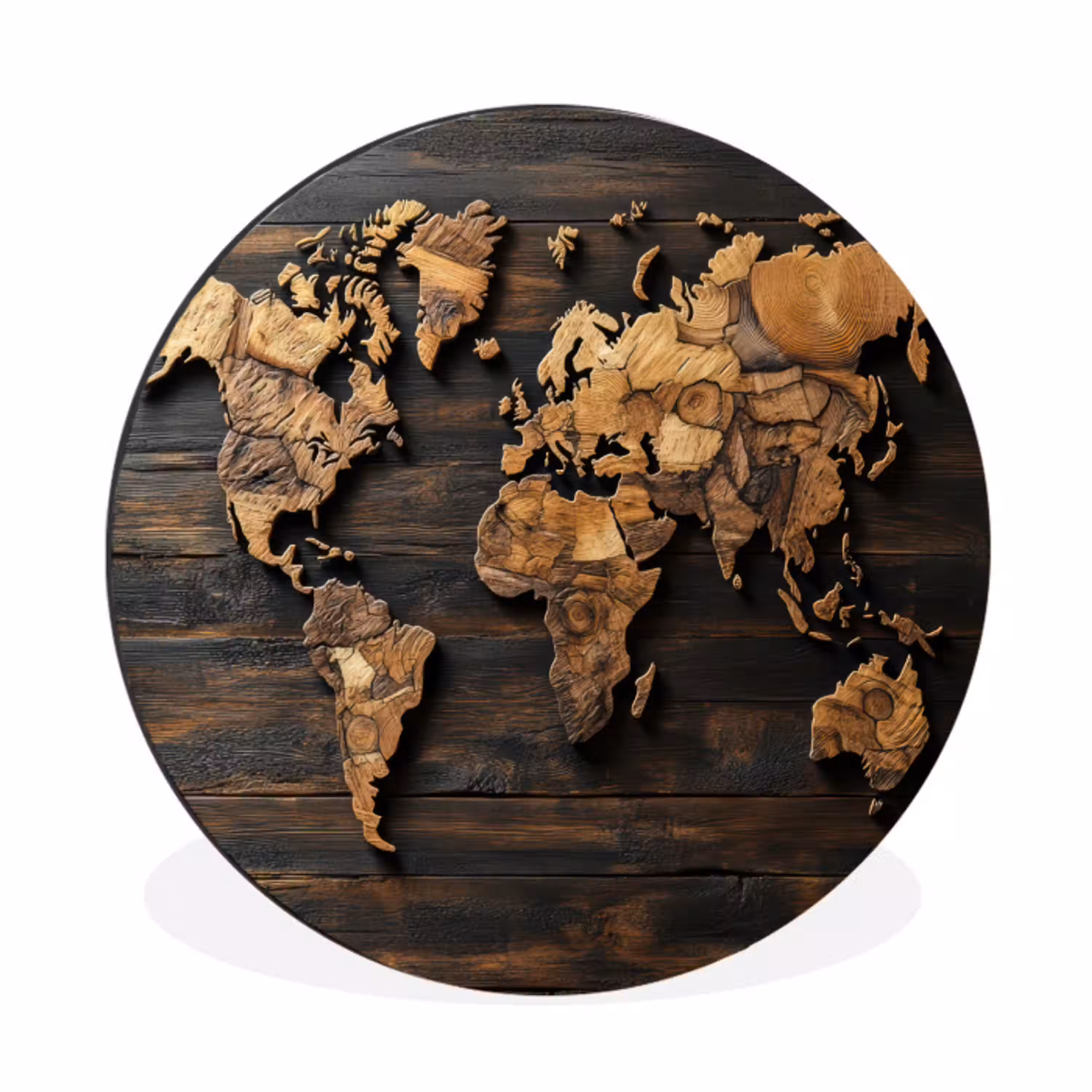 Wereldkaart -  Hout - Mozaïek Wandcirkel aluminium klein -3d
