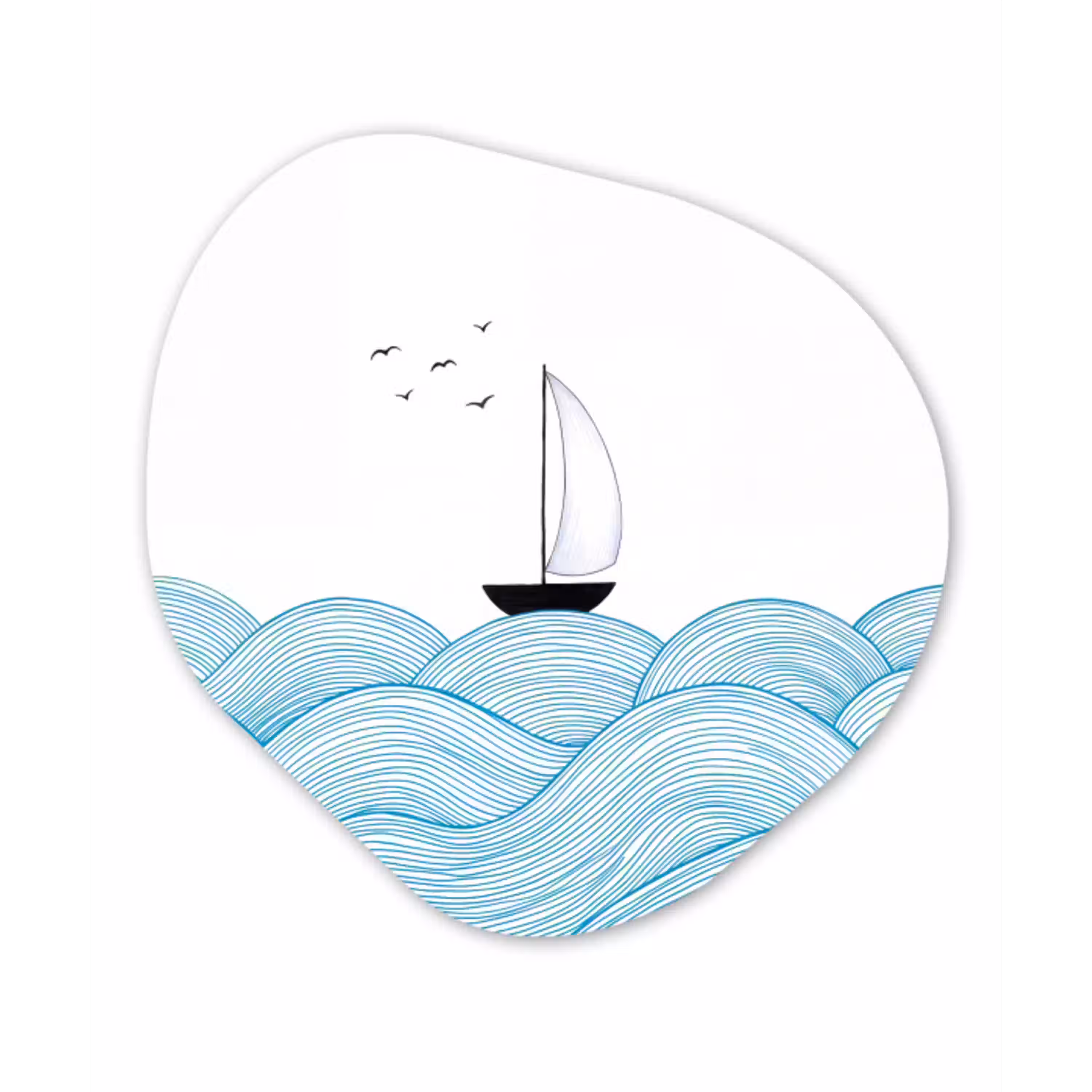Zeilboot - Golven - Zee - Illustratie - Blauw Wandcirkel Organisch Aluminium middel -3d