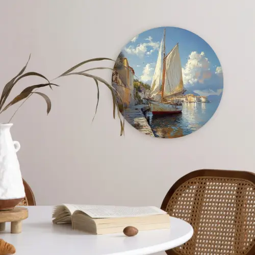 Zeilschip - Huizen - Kade - Zee Wandcirkel kunststof plaat 5mm dik klein -sfeer4