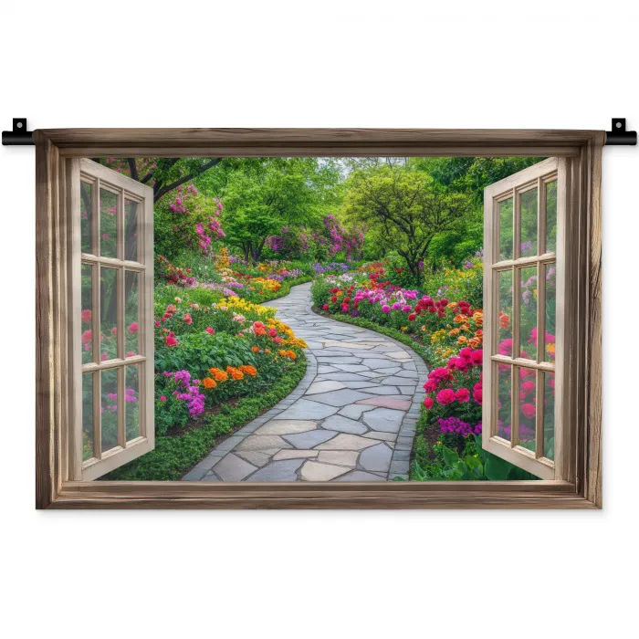 Doorkijk - Bloemen - Tuinpad - Natuur - Raam Wandkleed katoen klein -zz3d