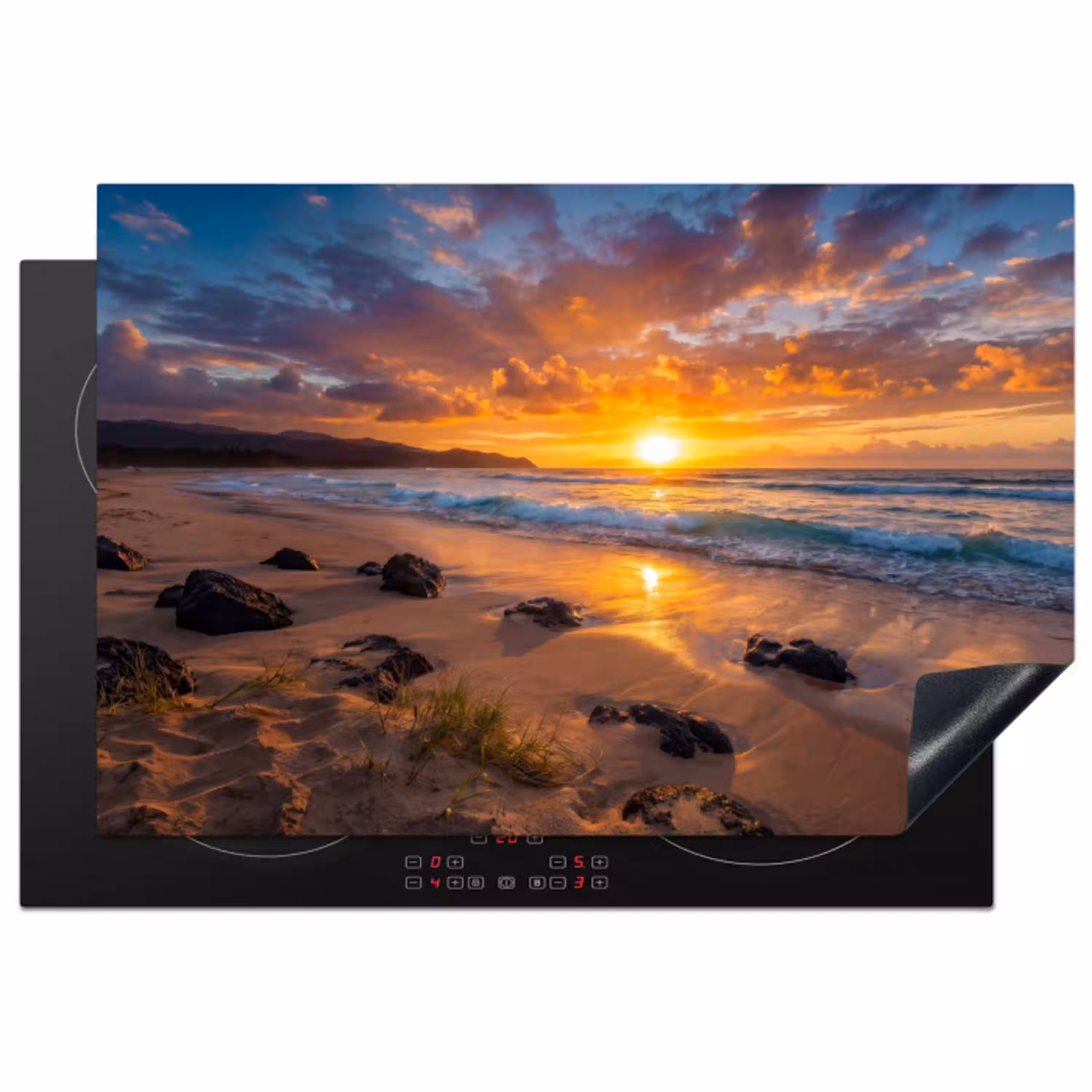 Strand - Zonsondergang - Golven - Natuur - Oranje Inductie beschermer vinyl 3mm klein -3d