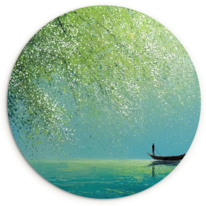 Bootje - Water - Bladeren - Bloesems Wandcirkel kunststof plaat 5mm dik klein -3d