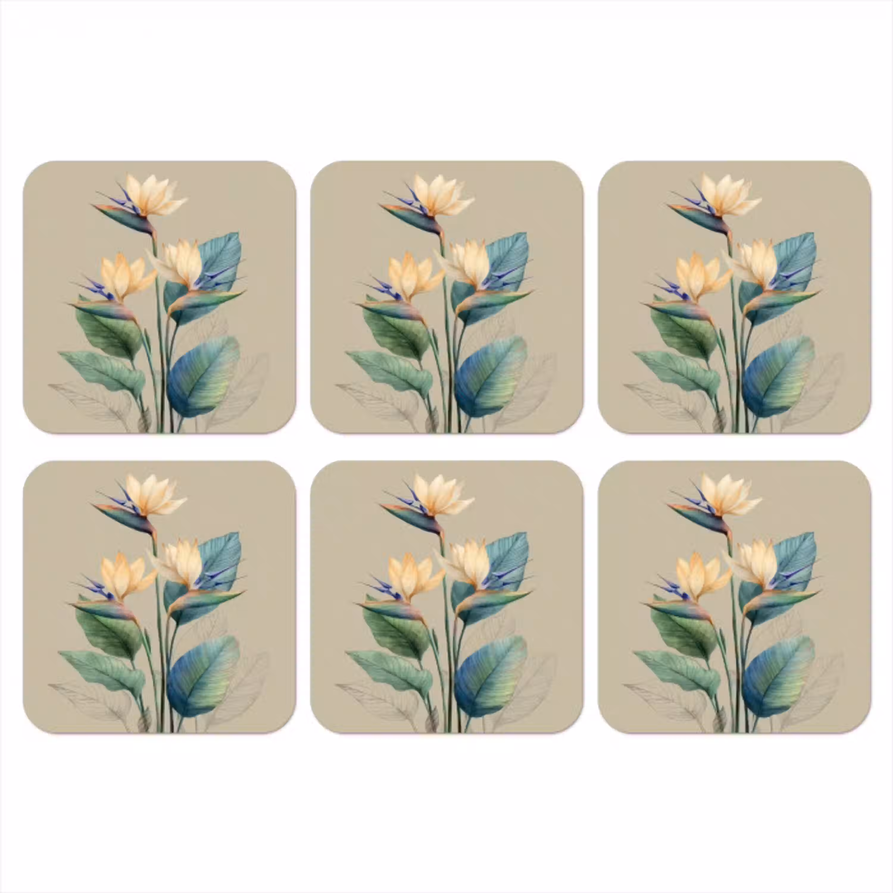 Paradijsvogelbloemen - Blauwgroene bladeren - Beige onderzetter kurk middel -3d