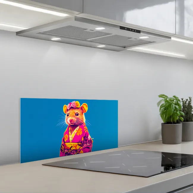 Muis - Kimono - Bloemen - Blauw keuken achterwand spatscherm klein -3d_schuin