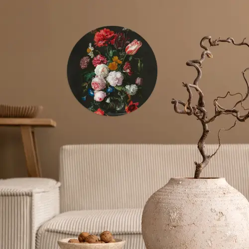 Stilleven met bloemen in een glazen vaas - Schilderij van Jan Davidsz. de Heem Wandcirkel behangsticker klein -sfeer1