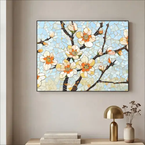 Bloesems - Wit - Mozaïek - Tak Textielframe zwart klein -sfeer2
