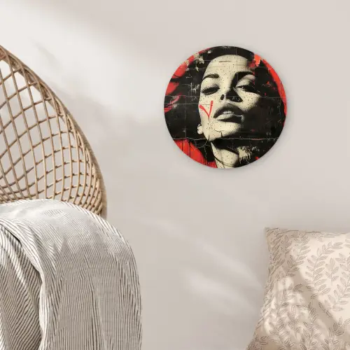 Graffiti - Vrouw - Rood - Street art - Banksy Wandcirkel kunststof plaat 5mm dik klein -sfeer5