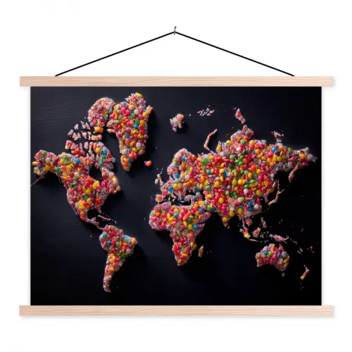 Wereldkaart - Snoepjes - Felle kleuren textielposter latten blank klein -3d
