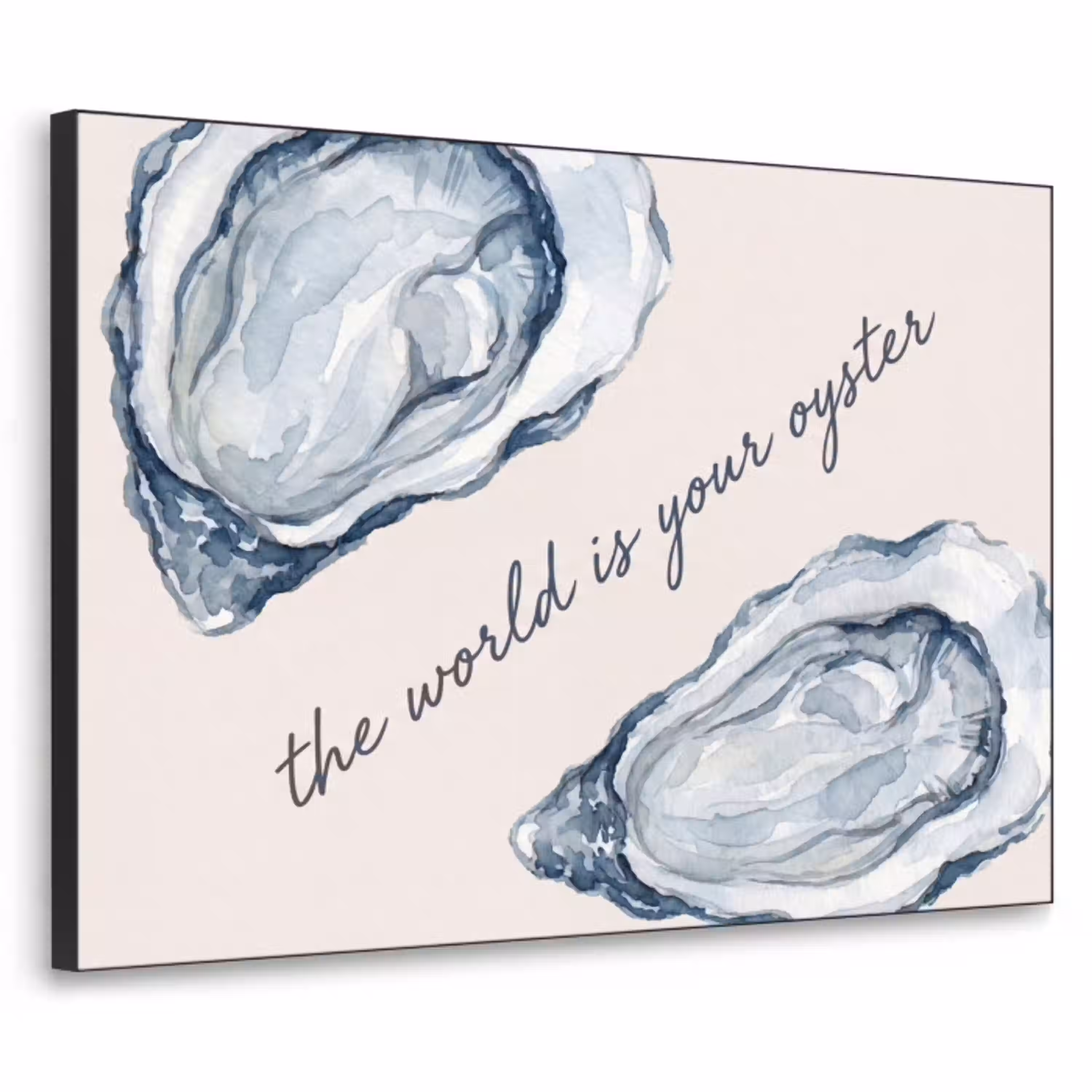 Zeeleven - Oester - Aquarel - Minimalistisch - Blauw Textielframe zwart klein -3d