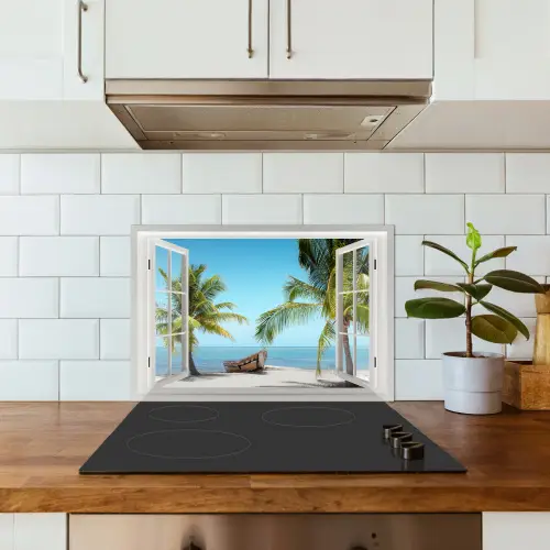 Doorkijk - Strand - Palmboom - Boot - Tropisch - Zee - Blauw keuken achterwand spatscherm klein -sfeer2