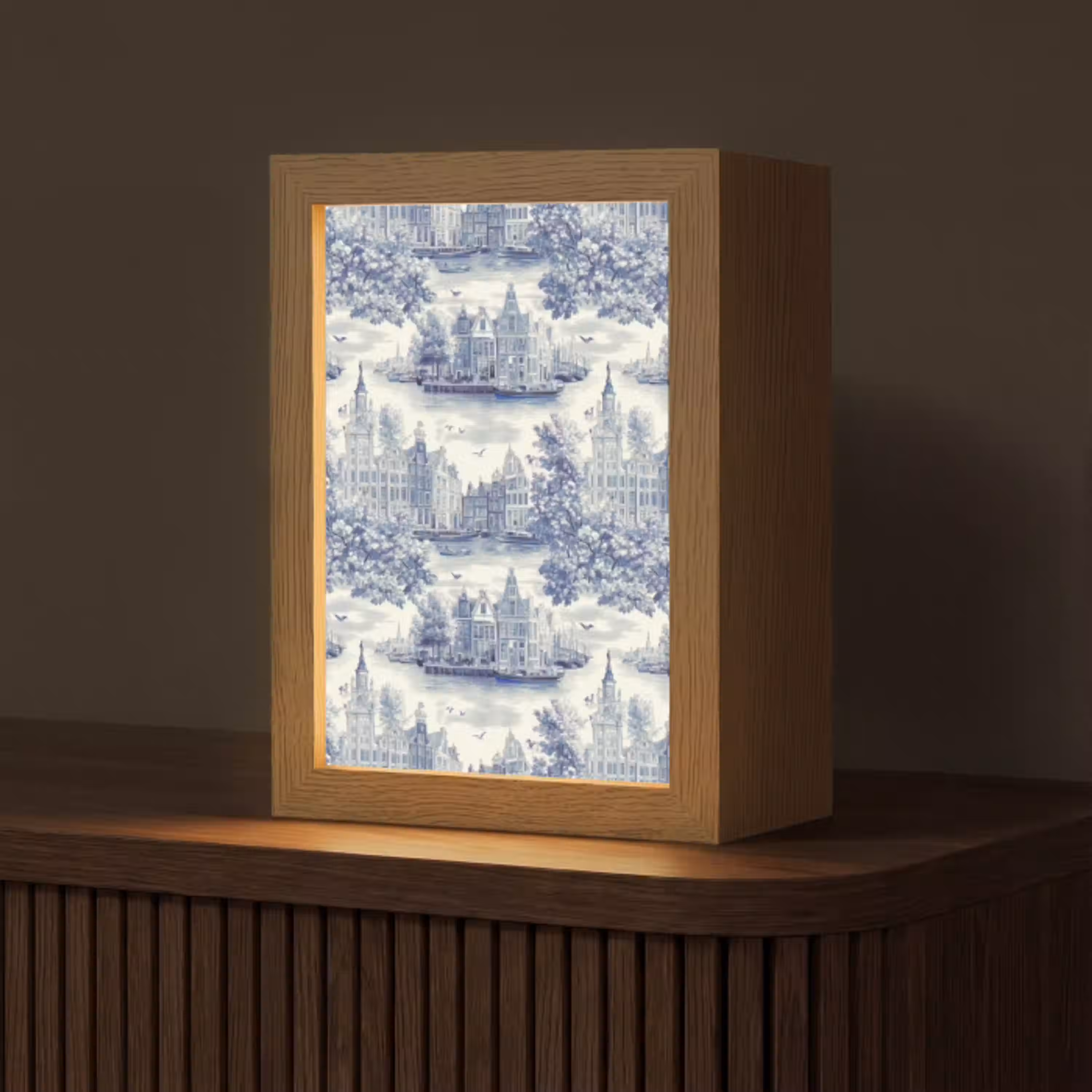 Huizen - Bomen - Water - Vogels - Blauw Light Box met kabel (Tafellamp) klein 925 -z3d_website