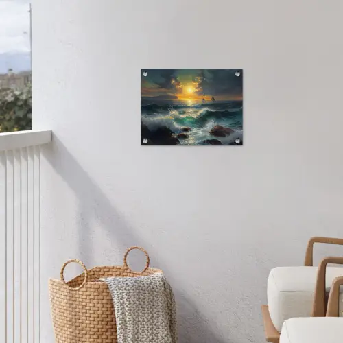 Zee - Zon - Golven - Rotsen tuinposter los doek klein -sfeer8