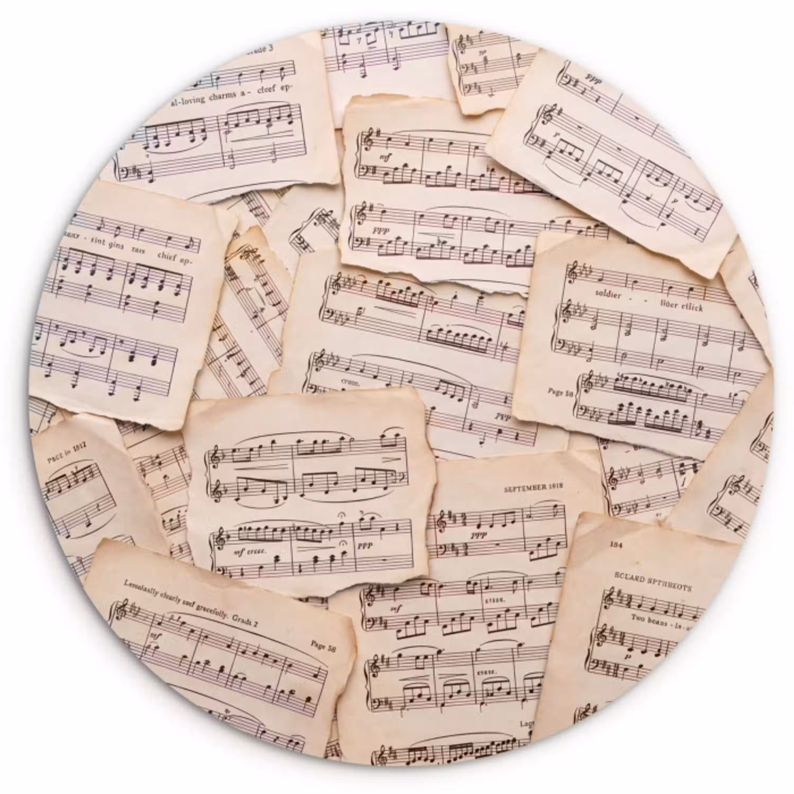 Bladmuziek - Oud - Noten - Vintage - Beige Wandcirkel kunststof plaat 5mm dik klein -3d