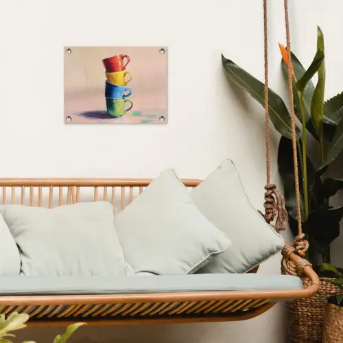 Mokken - Gestapeld - Keramiek - Kleurrijk tuinposter los doek klein -sfeer7