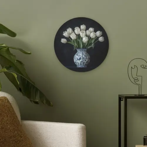 Wit - Bloemen - Tulpen - Vaas Akoestische PET Vilt - Rond klein -sfeer2