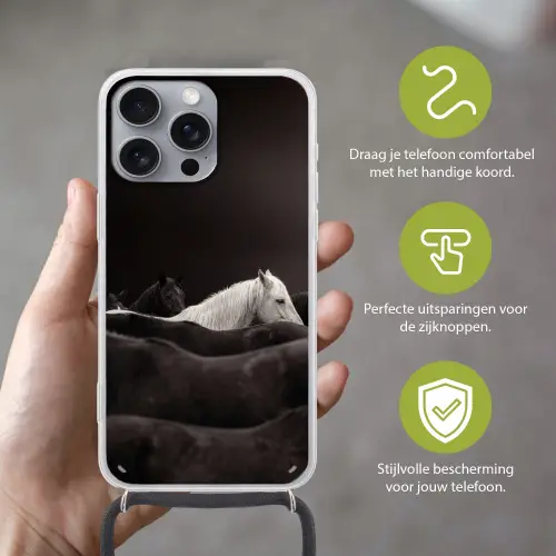 Paarden - Zwart - Wit - Kudde Hoesje iPhone 16 Pro Max met koord klein -sfeer2_NL