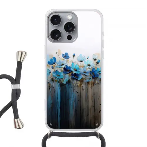 Bloemen - Schilderij - Blauw Hoesje iPhone 16 Pro Max met koord klein -3d
