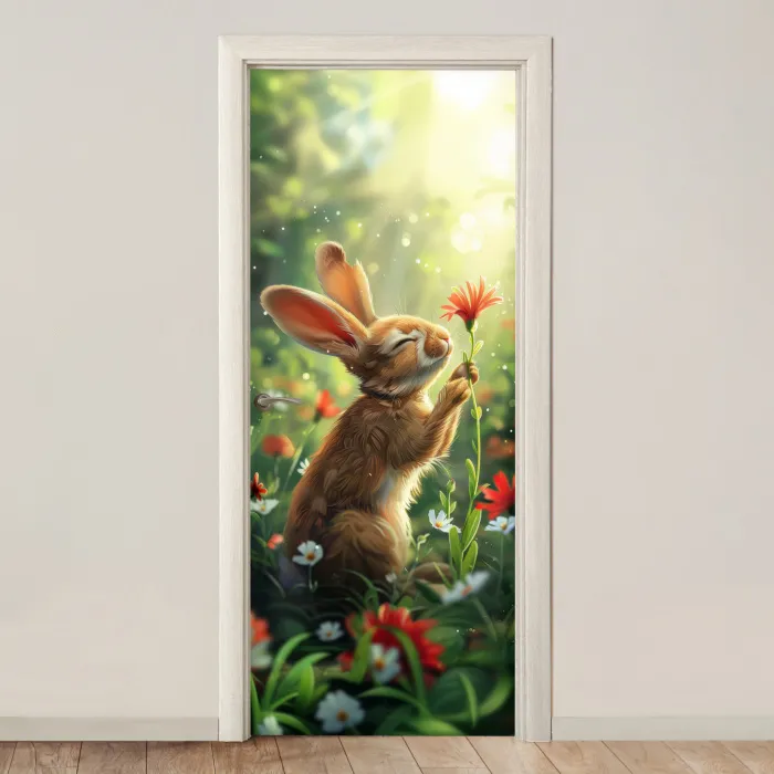 Konijn - Dieren - Bloemen - Natuur deurposter klein -3d_beige