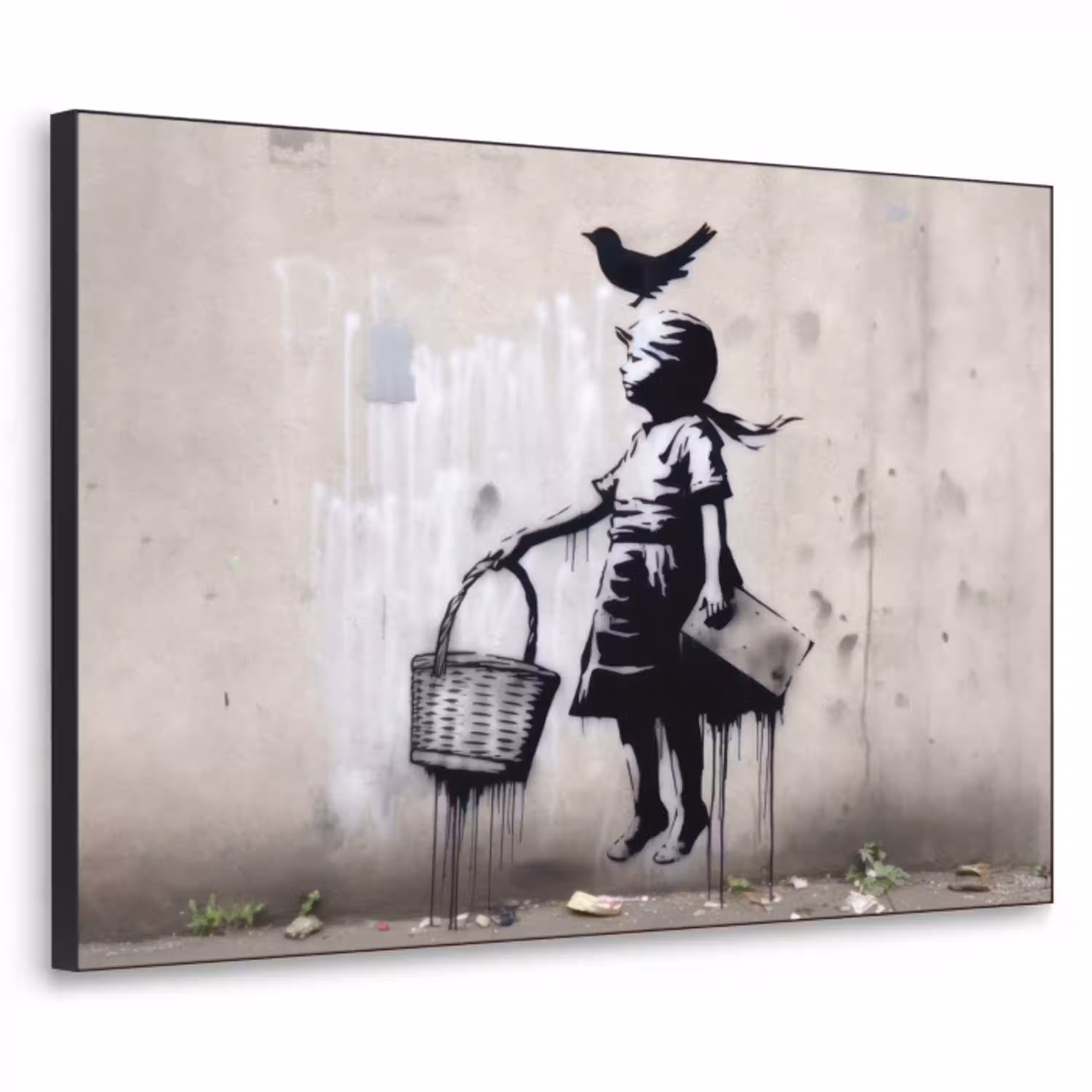 Graffiti - Meisje - Vogel - Street Art - Banksy Style Textielframe - compleet frame klein -3d