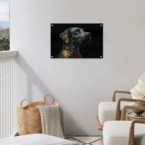 Hond - Zwart - Bloemen tuinposter los doek klein -sfeer8