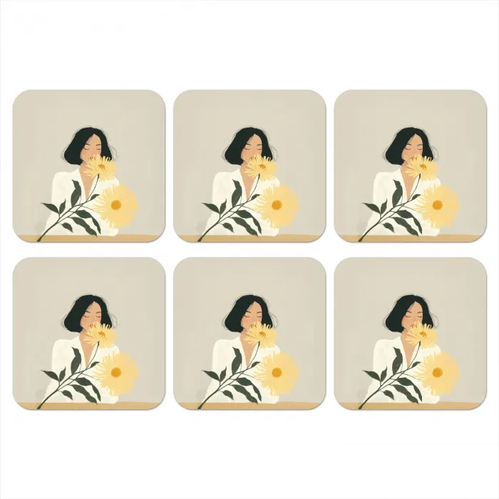 Vrouw - Bloem - Geel - Minimalistisch onderzetter kurk middel -3d