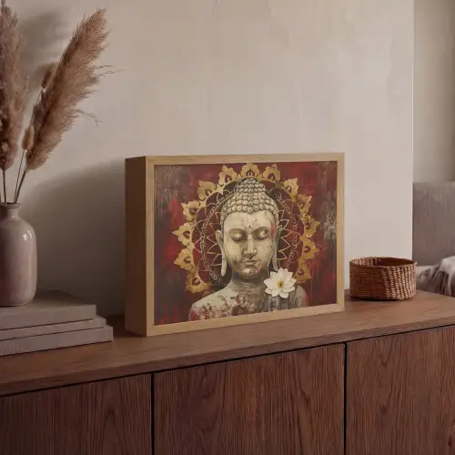 Boeddha - Mandala - Bloem - Rood - Goud - Zen Light Box met batterij (Wandlamp) middel -sfeer2
