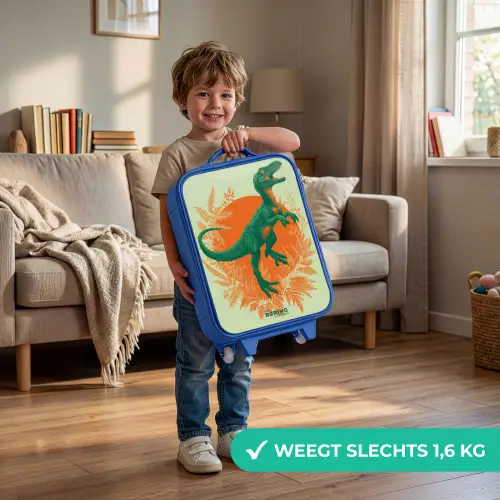 Groene dino tussen varens Kinderkoffer - Blauw klein -sfeer2_NL