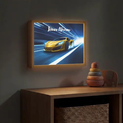 Auto - Geel - Race - Blauw Light Box met batterij (Wandlamp kind) middel -sfeer5_kind