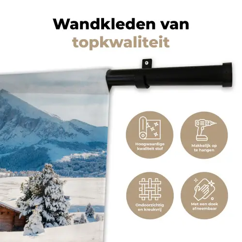 Winter - Huisje - Bergen - Uitzicht - Sneeuw Wandkleed katoen klein -sfeer2