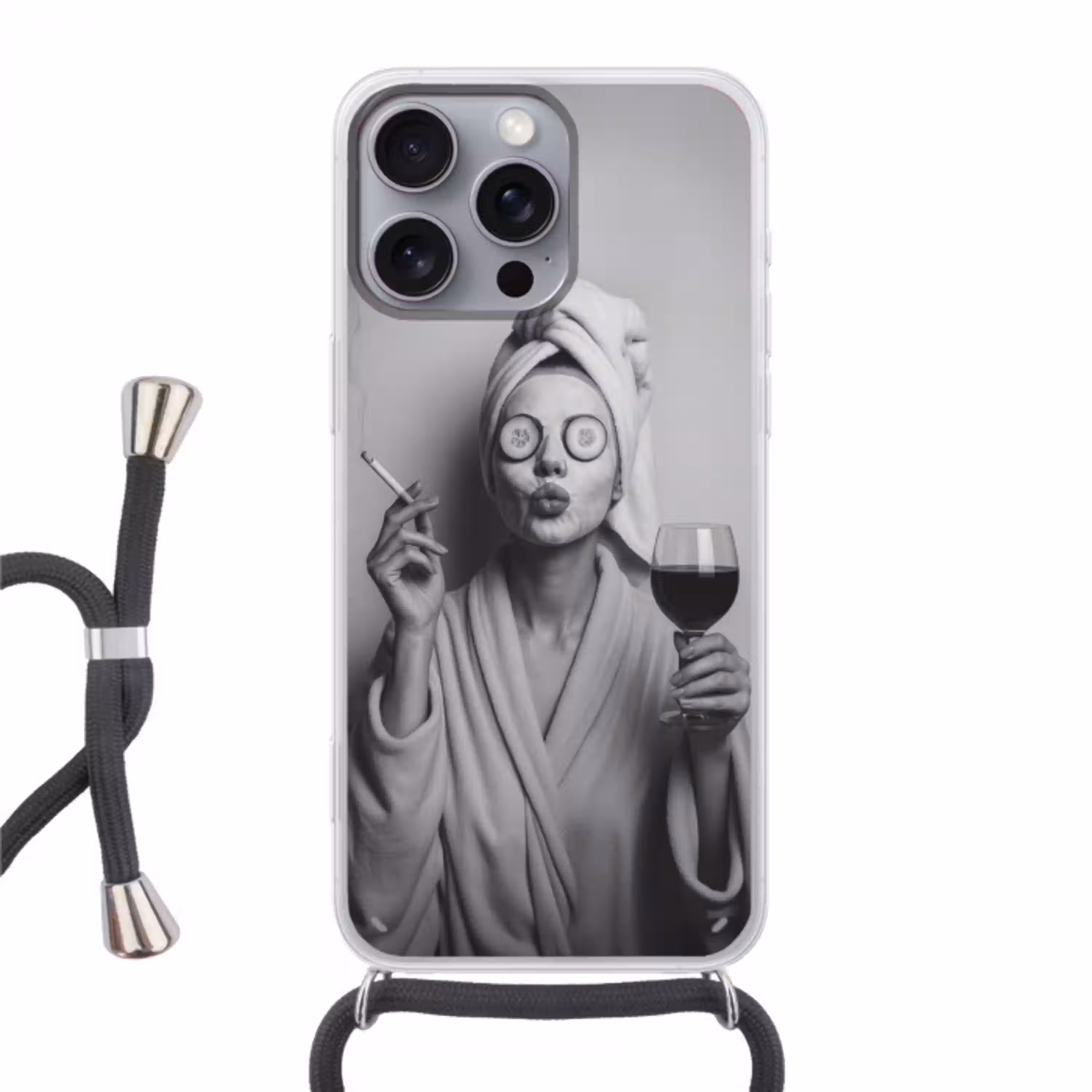 Vrouw - Masker - Wijn - Sigaret Hoesje iPhone 16 Pro Max met koord klein -3d